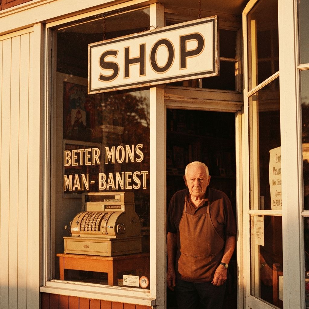 An elderly small business owner stands in the doorway of his Main Street storefront at golden hour.